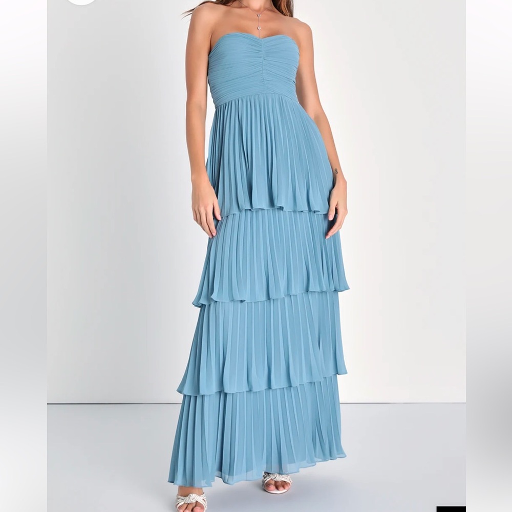 Lulus Seriously Sensational Sage Brush Strapless Tiered Maxi Dress - Light Blue